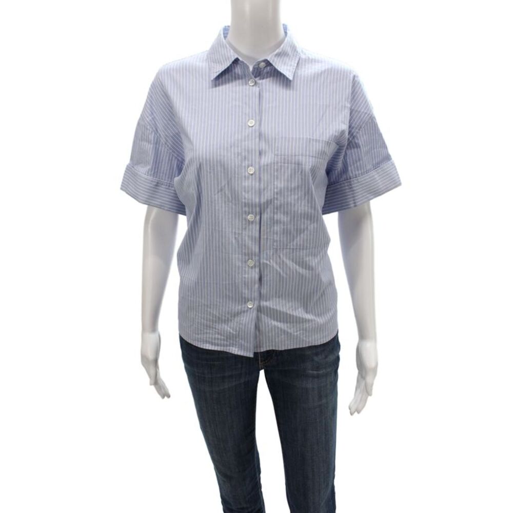 Theory Women Collared Striped Cotton Short Sleeve Button Up Blouse Size M